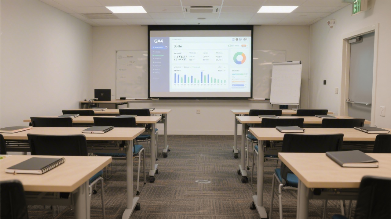 Training classroom with rows of tables, notebooks, and a projected GA4 dashboard on a screen, set up for a focused digital marketing workshop.