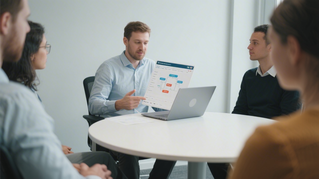 Marketing instructor seated with a laptop, reviewing a PPC account structure with participants at a round table in a calm professional setting.