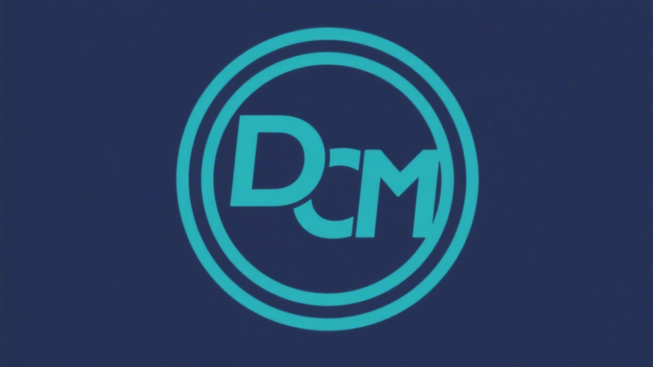 Simple circular logo with a navy outline and teal initials DCM centered, clean geometric style suitable for a digital marketing academy brand.