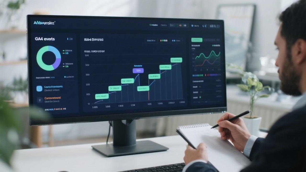 Analytics dashboard on a large monitor showing GA4 event reports and conversion funnels, with a professional analyst taking notes nearby.