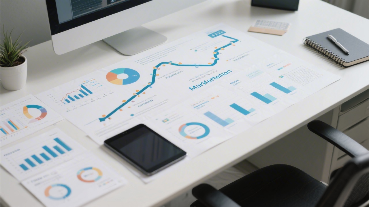 Professional workspace showing a marketing roadmap diagram, analytics charts, and planning documents arranged on a desk with a tablet and notebook.